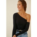 Happiness İstanbul Women's Black Open Shoulder Ribbed Knitted Blouse Cene