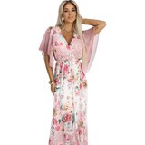 numoco basic 603-4 Airy wrap maxi dress with floral pattern – pink roses | Shoptok.si