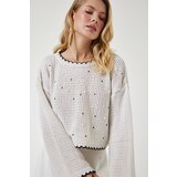  Women's Cream Pearls Openwork Seasonal Crop Knitwear Sweater | Shoptok.si
