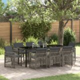 vidaXL 9-dijelni vrtni blagovaonski set s jastučićima Siva Poliratan, Vrtni stol Crn 200x80x73 cm Temperirano staklo | shoptok.hr