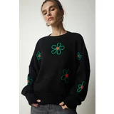 Happiness İstanbul Women's Black Floral Embroidered Oversize Knitwear Sweater