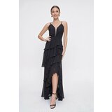 By Saygı Long, Tiered Ruffles Lined Chiffon Dress With Rope Straps Black Cene
