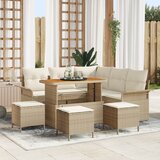 vidaXL 9-dijelni set sofe za van s jastučićima bež poli ratan akacija, 2-sjedalna sofa za van s jastučićima bež poli ratan, 4-dijelni set za blagovanje u vrtu s jastučićima bež poli ratan akacija | shoptok.hr