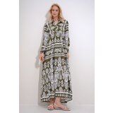  Women's Khaki Robe Button Detailed Flounce Patterned Woven Viscose Dress Cene