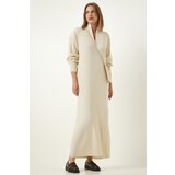  Women's Cream Zipper Collar Ribbed Long Knitwear Dress Cijene
