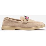 Resti Eco suede light brown women's moccasins with decorative crystals Nellens- Footwear | Shoptok.si