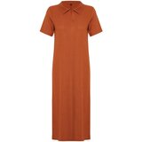 Trendyol Cinnamon Polo Neck Short Sleeve Crepe/Textured Knitted Midi Dress Cene