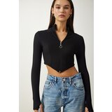  Women's Black Zippered Turtleneck Crop Knitted Blouse Cene