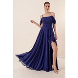 By Saygı Rope Strap Low Sleeve Front Draped Flounce Front Side Slit Lined Long Chiffon Dress Cene