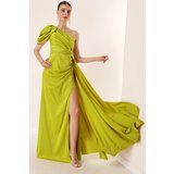 By Saygı Long Sleeve Satin Dress With Draping and Lined Cene