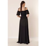 By Saygı Long Chiffon Dress with Pleated Collar and Balloon Sleeves Black Cene