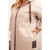 Kesi Włoski Women's Plus Size quilted jacket with a hood and the inscription HOPE dark beige | shoptok.hr