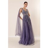 By Saygı Tie Back, Sequins and Beads Embroidered Lined Long Tulle Dress INDIGO Cene