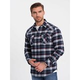 Ombre Men's checkered flannel shirt with pockets - navy blue and red Cene