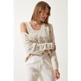  Women's Cream Floral Embroidered Cardigan Athlete Knitwear Suit | Shoptok.si