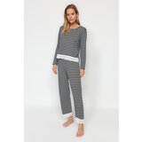 Trendyol Anthracite Stripe with Lace Detailed Tshirt-Pants, Knitted Pajamas Set Cene