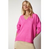 Happiness İstanbul Women's Pink V-Neck Oversize Knitwear Sweater Cene