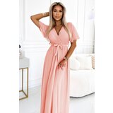 numoco basic 545-4 Long dress with pleated neckline and tie - peach color | Shoptok.si