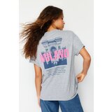 Trendyol Gray Melange 100% Cotton Front Back Printed Oversize/Wide Fit Crew Neck Knitted T-Shirt Cene