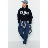 Trendyol Navy Blue Men's Oversize/Wide-Cut Fluffy City Print 100% Cotton Sweatshirt Cene