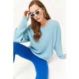 Olalook Women's Baby Blue Crew Neck Soft Textured Knitwear Sweater Cene