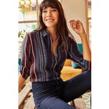 Olalook Women's Navy Blue Sleeve Fold Ethnic Patterned Shirt | ePonuda.com