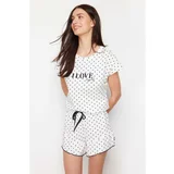 Trendyol White Cotton Polka Dot and Slogan Printed Knitted Pajamas Set