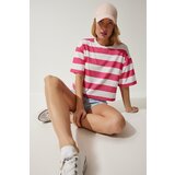 Happiness İstanbul Women's White Pink Crew Neck Striped Crop Knitted T-Shirt Cene