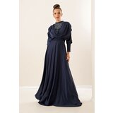 By Saygı Navy Blue Satin Long Dress with Pleated Sleeves, Button Detailed Lined Cene