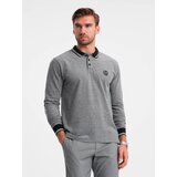 Ombre Men's melange polo longsleeve with embroidery - black melange
