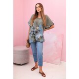 Kesi Włoski Women's cotton shirt with butterflies and flowers khaki | shoptok.hr