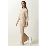 Happiness İstanbul Women's Beige Corded Knitted Blouse and Trousers Set