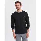 Ombre Men's cotton longsleeve with striped U neckline and embroidery - black | Shoptok.si