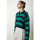 Happiness İstanbul Women's Navy Blue Green Stylish Buttoned Collar Striped Crop Knitwear Sweater