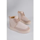 Shoeberry Women's Buggies Beige Furry Inside Short Suede Flat Boots Beige Textile