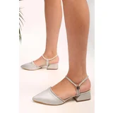 Shoeberry Women's Tine Silver Satin Stone Heeled Shoes