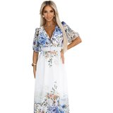 numoco basic 613-1 CELINA Airy maxi dress with envelope neckline, belt and floral ombre - light blue | Shoptok.si