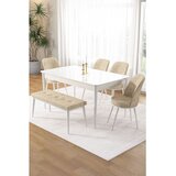Hanah home trpezarijski set Pir, sto, 4 stolice i klupa, bela ploča, krem tkanina Babyface | Eponuda.com