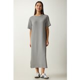 Happiness İstanbul Women's Gray Crew Neck Knitted Ribbed Dress Cene