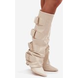 Boto Women's High Heel Boots with Turned-up Shaft and Golden Buckles Light Beige Isavelle | shoptok.hr