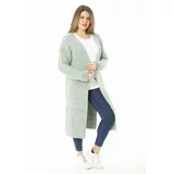 Şans Women's Plus Size Green Long Cardigan with Slits, a Thick Knitwear