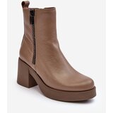 Kesi Lemar Littosa Lemar Littosa Dark Beige Leather Ankle Boots with Massive Heels with Zippers Cene