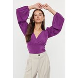 Trendyol Plum Double Breasted Gathering/Drape Detailed Long Sleeve Stretchy Knitted Blouse Cene