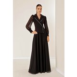 By Saygı Double Breasted Neck Stone Detailed Lined Sleeves And Skirt Chiffon Long Dress cene