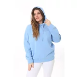 Şans Women's Plus Size Baby Blue Inner Raising 3 Thread Fabric Hooded Sweatshirt
