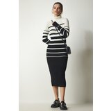 Happiness İstanbul Women's Ecru Black Turtleneck Striped Ribbed Sweater Dress Cene