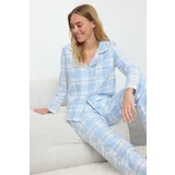 Trendyol Blue-Multicolored Cotton Plaid Pocket Detailed Woven Pajama Set