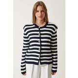  Women's Ecru Navy Blue Striped Knitwear Cardigan with Waistcoat | shoptok.hr