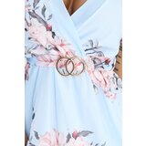 numoco basic 468-3 PATRIZIA dress with an envelope neckline, belt and short sleeves - light blue with roses | shoptok.hr