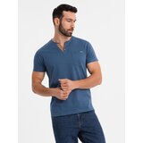 Ombre Men's T-shirt with button neckline and suede trim - dark blue | Shoptok.si